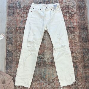Levi's White Straight Leg Jeans with Distressed Hem